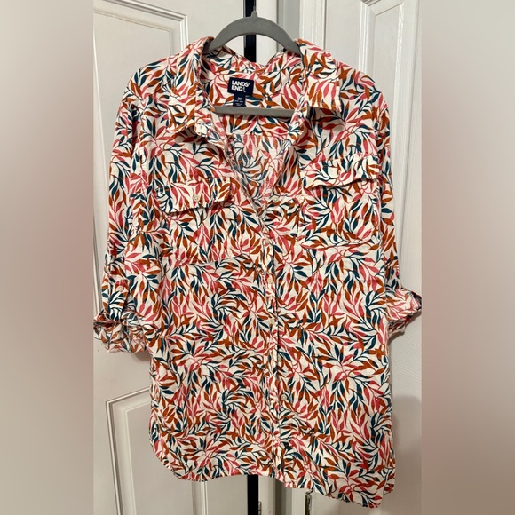 Lands' End Tops - Lands' End Multicolor Leaf Print Shirt 100% Linen